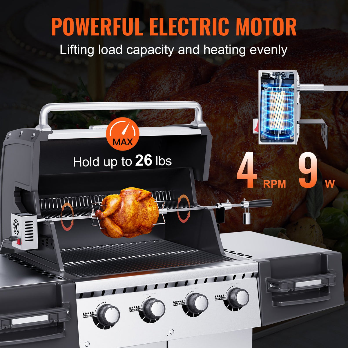 VEVOR Universal Grill Rotisserie Kit for Grills, Electric BBQ Grill with 110V 9W Motor, Stainless Steel Automatic Grilling Kit, Heavy Duty 32"/39" Hexagon Spit Rod, 26 lbs - DGKCD32379W26XF9CV1 - view 3