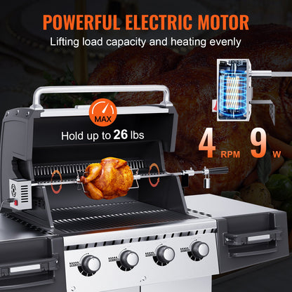 VEVOR Universal Grill Rotisserie Kit for Grills, Electric BBQ Grill with 110V 9W Motor, Stainless Steel Automatic Grilling Kit, Heavy Duty 32"/39" Hexagon Spit Rod, 26 lbs - DGKCD32379W26XF9CV1 - view 3