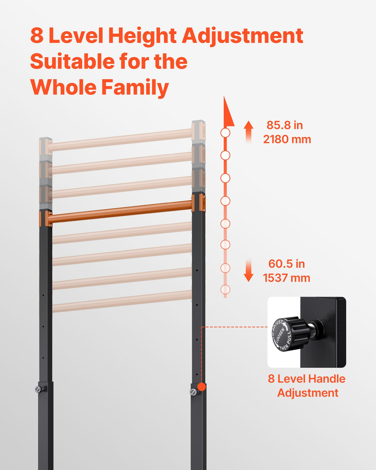 VEVOR Pull Up Bar, 330LBS Capacity Portable Pullup Bar Station, Pullup Bars Free Standing with H-Frame Structure & Heavy-Duty Steel Tube, 8 Level Height Adjustment Gravity Fitness for Arms Back Chest - DGKYTXSJBKZD33L3K001V0 - view 6