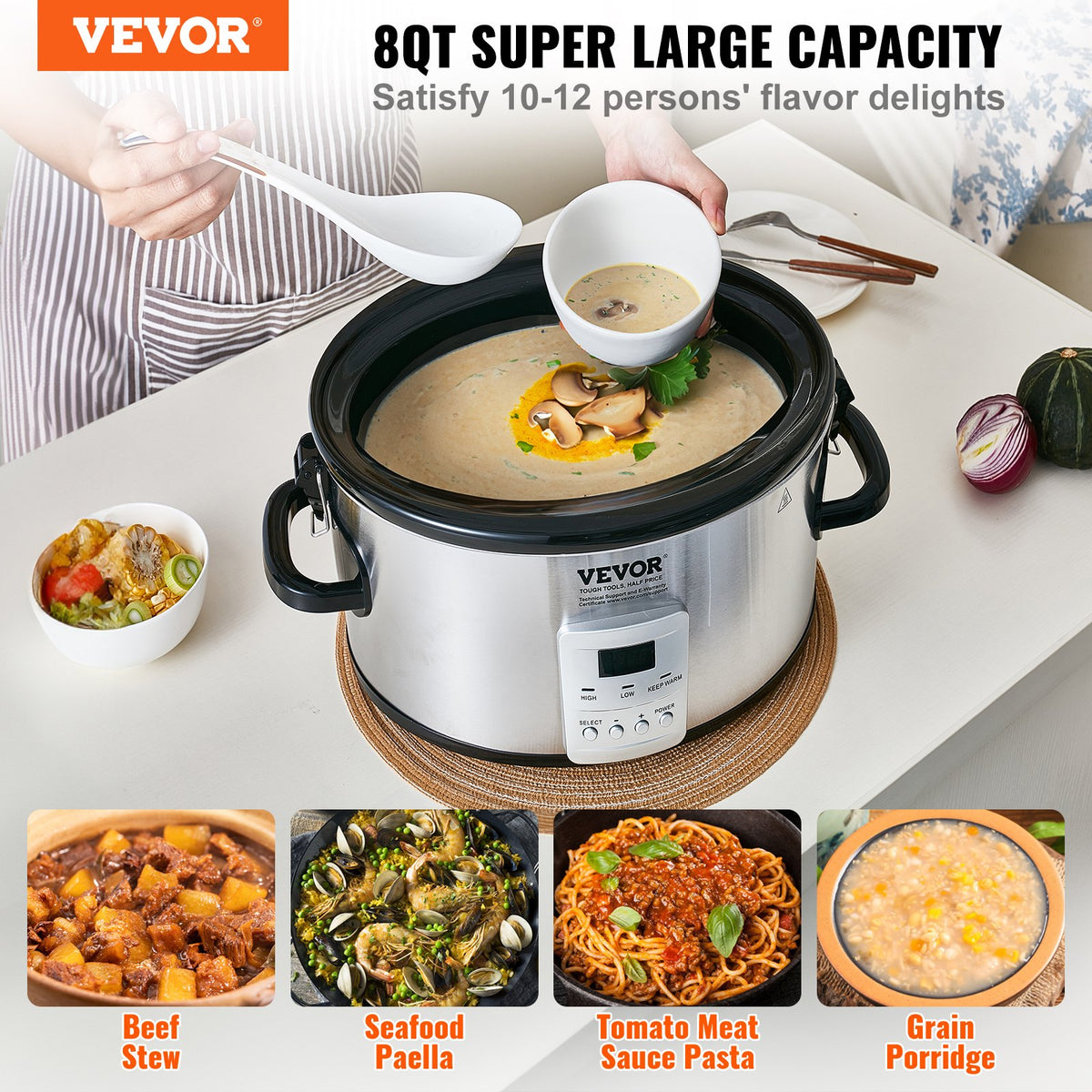 VEVOR Slow Cooker, 8QT 320W Electric Slow Cooker Pot with 3-Level Heat Settings, Digital Slow Cookers with 20 Hours Max Timer, Locking Lid, Ceramic Inner Pot for Home/Commercial - DGMDGTC8QT152CNBXV1 - view 2