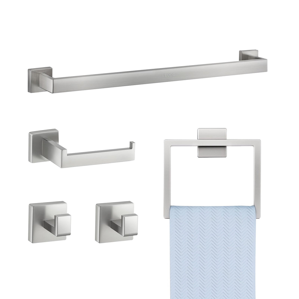 VEVOR Brushed Nickel Bathroom Hardware Set, 5 Pieces Bathroom Accessories Set, Stainless Steel 24 inch Towel Bar, Towel Rack, 2 Robe Towel Hooks, Toilet Paper Holder for Bath Room, Wall Mounted - DGMJGTZ24INC3TPQP001V0 - view 1