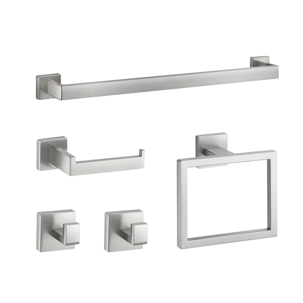 VEVOR Brushed Nickel Bathroom Hardware Set, 5 Pieces Bathroom Accessories Set, Stainless Steel 24 inch Towel Bar, Towel Rack, 2 Robe Towel Hooks, Toilet Paper Holder for Bath Room, Wall Mounted - DGMJGTZ24INC3TPQP001V0 - view 10