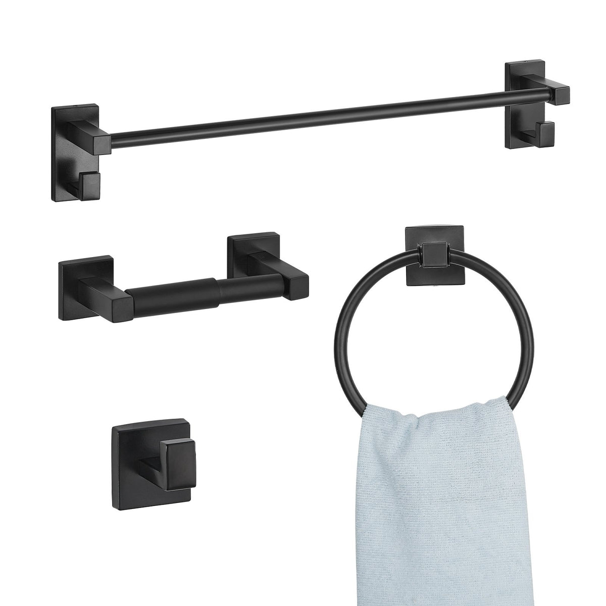 VEVOR Matte Black Bathroom Hardware Set, 4 Pieces Stainless Steel Bathroom Accessories Set, 24-inch Towel Bar, Towel Ring, Robe Towel Hook, Toilet Paper Holder, for Bath Room, Wall Mounted - DGMJGTZ24INC6A142001V0 - view 1