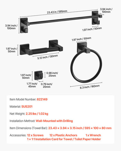 VEVOR Matte Black Bathroom Hardware Set, 4 Pieces Stainless Steel Bathroom Accessories Set, 24-inch Towel Bar, Towel Ring, Robe Towel Hook, Toilet Paper Holder, for Bath Room, Wall Mounted - DGMJGTZ24INC6A142001V0 - view 8