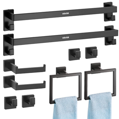 VEVOR Matte Black Bathroom Hardware Set, 10-Piece Bathroom Accessories Set, 2 Stainless Steel 24-in Towel Bars, 2 Towel Racks, 4 Robe Towel Hooks, 2 Toilet Paper Holders for Bath Room, Wall Mounted - DGMJGTZ24INCKOXI8001V0 - view 1