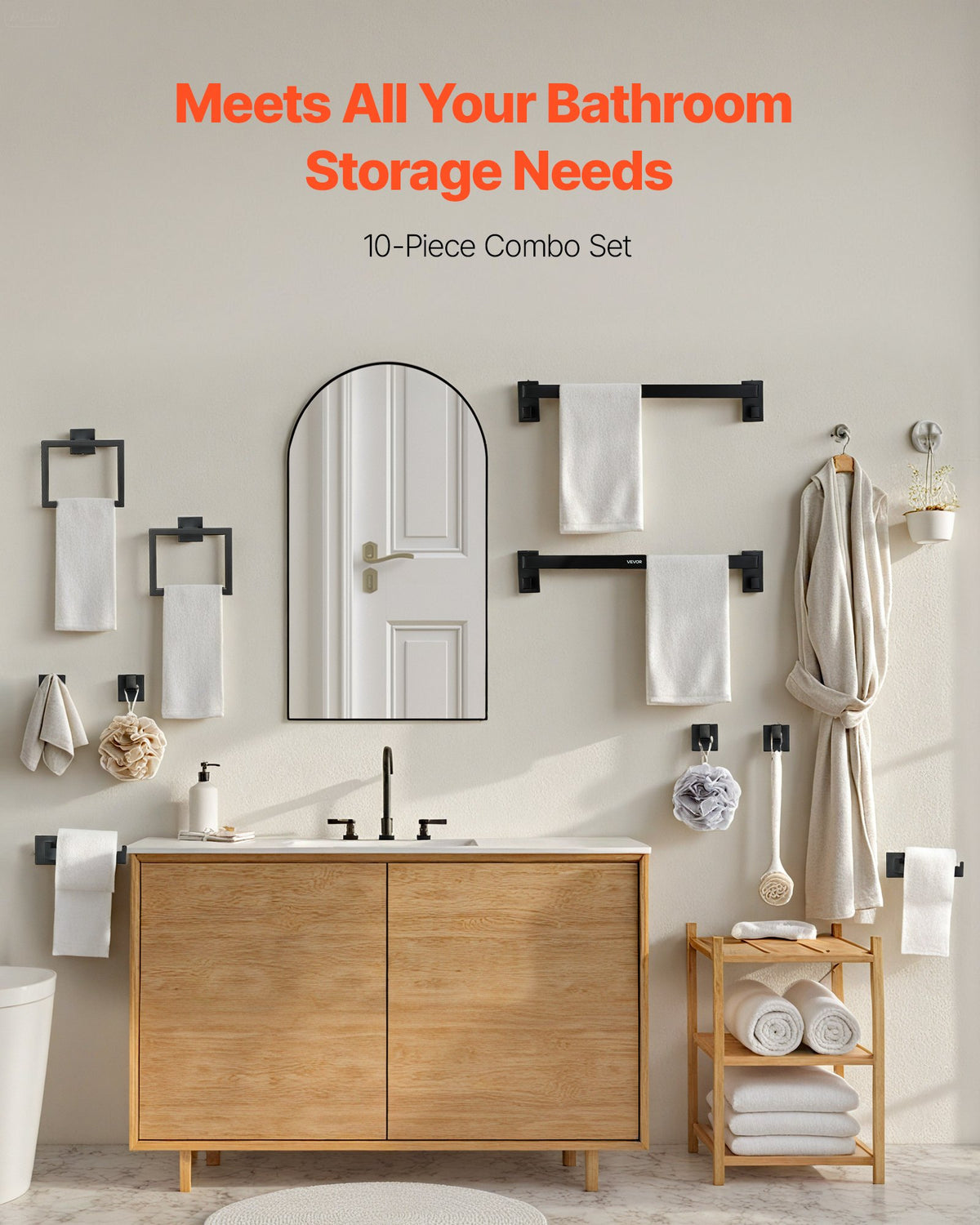 VEVOR Matte Black Bathroom Hardware Set, 10-Piece Bathroom Accessories Set, 2 Stainless Steel 24-in Towel Bars, 2 Towel Racks, 4 Robe Towel Hooks, 2 Toilet Paper Holders for Bath Room, Wall Mounted - DGMJGTZ24INCKOXI8001V0 - view 3