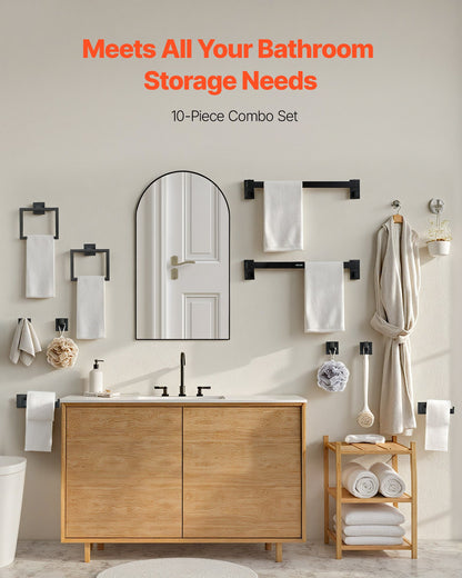 VEVOR Matte Black Bathroom Hardware Set, 10-Piece Bathroom Accessories Set, 2 Stainless Steel 24-in Towel Bars, 2 Towel Racks, 4 Robe Towel Hooks, 2 Toilet Paper Holders for Bath Room, Wall Mounted - DGMJGTZ24INCKOXI8001V0 - view 3
