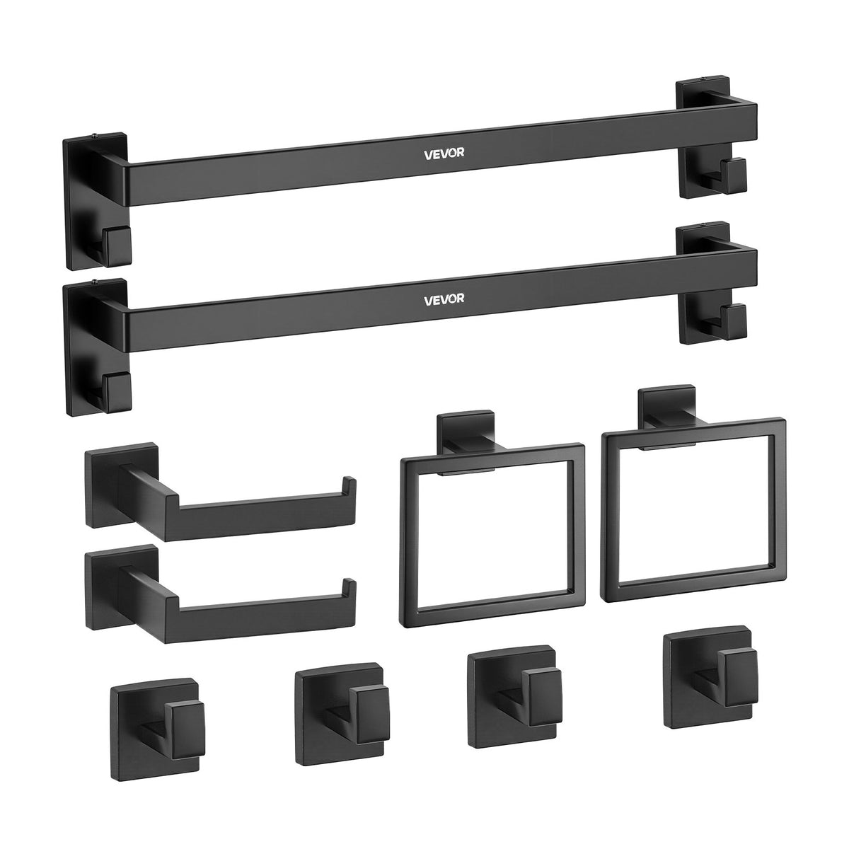VEVOR Matte Black Bathroom Hardware Set, 10-Piece Bathroom Accessories Set, 2 Stainless Steel 24-in Towel Bars, 2 Towel Racks, 4 Robe Towel Hooks, 2 Toilet Paper Holders for Bath Room, Wall Mounted - DGMJGTZ24INCKOXI8001V0 - view 10