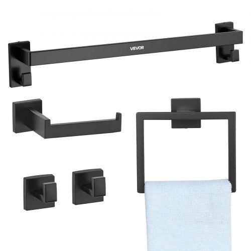 VEVOR Matte Black Bathroom Hardware Set, 5 Pieces Stainless Steel Bathroom Accessories Set, 24-inch Towel Bar, Towel Rack, 2 Robe Towel Hooks, Toilet Paper Holder, for Bath Room, Wall Mounted - DGMJGTZ24INCSY6SO001V0 - view 2
