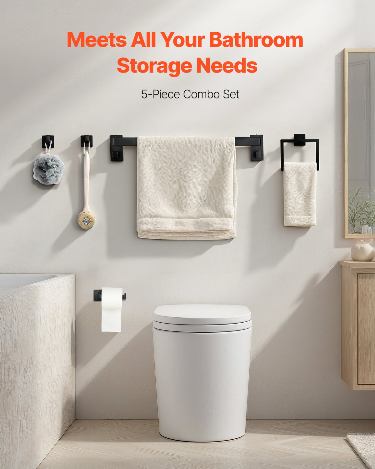 VEVOR Matte Black Bathroom Hardware Set, 5 Pieces Stainless Steel Bathroom Accessories Set, 24-inch Towel Bar, Towel Rack, 2 Robe Towel Hooks, Toilet Paper Holder, for Bath Room, Wall Mounted - DGMJGTZ24INCSY6SO001V0 - view 3