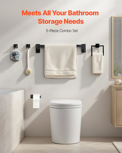VEVOR Matte Black Bathroom Hardware Set, 5 Pieces Stainless Steel Bathroom Accessories Set, 24-inch Towel Bar, Towel Rack, 2 Robe Towel Hooks, Toilet Paper Holder, for Bath Room, Wall Mounted - DGMJGTZ24INCSY6SO001V0 - view 3