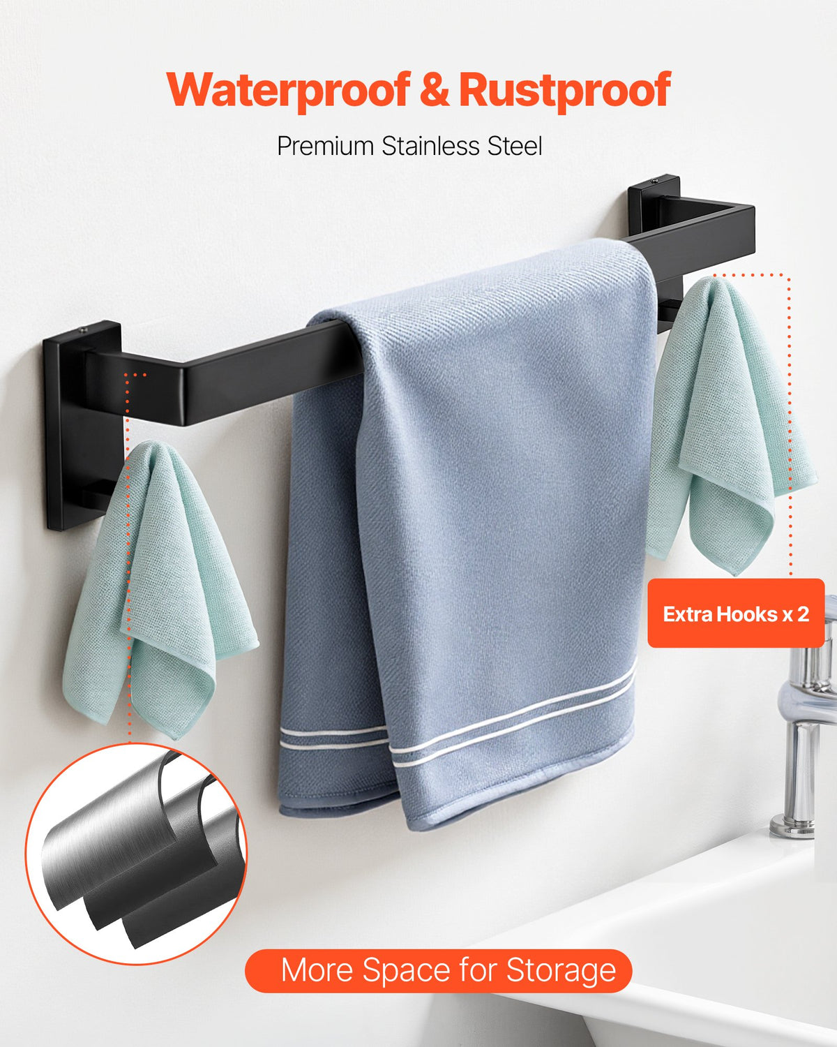 VEVOR Matte Black Bathroom Hardware Set, 5 Pieces Stainless Steel Bathroom Accessories Set, 24-inch Towel Bar, Towel Rack, 2 Robe Towel Hooks, Toilet Paper Holder, for Bath Room, Wall Mounted - DGMJGTZ24INCSY6SO001V0 - view 4