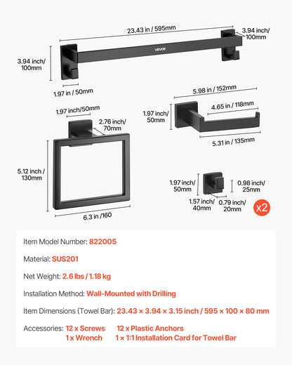VEVOR Matte Black Bathroom Hardware Set, 5 Pieces Stainless Steel Bathroom Accessories Set, 24-inch Towel Bar, Towel Rack, 2 Robe Towel Hooks, Toilet Paper Holder, for Bath Room, Wall Mounted - DGMJGTZ24INCSY6SO001V0 - view 8