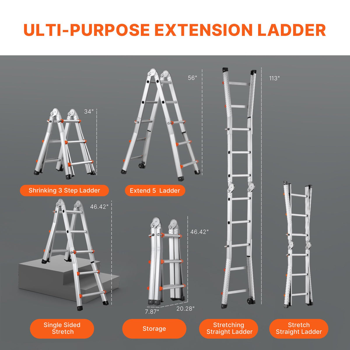 VEVOR Telescoping Ladder A Frame, 9.5 FT Compact Aluminum Extension Ladder, Multi-Function Portable Collapsible RV Ladder, Telescopic Ladder for Homework Stairs Indoor Outdoor Roof, 330lb Load - DGNAZXYST29M2Y4UWV0 - view 5