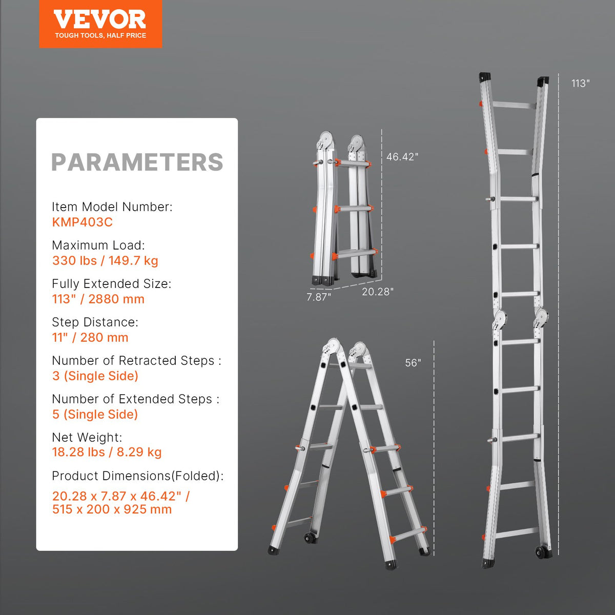 VEVOR Telescoping Ladder A Frame, 9.5 FT Compact Aluminum Extension Ladder, Multi-Function Portable Collapsible RV Ladder, Telescopic Ladder for Homework Stairs Indoor Outdoor Roof, 330lb Load - DGNAZXYST29M2Y4UWV0 - view 8
