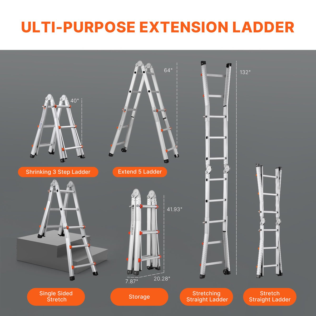 VEVOR Telescoping Ladder A Frame, 11 FT Compact Aluminum Extension Ladder, Multi-Function Portable Collapsible RV Ladder, Telescopic Ladder for Homework Stairs Indoor Outdoor Roof, 330lb Load - DGNAZXYST33MM1GBIV0 - view 5