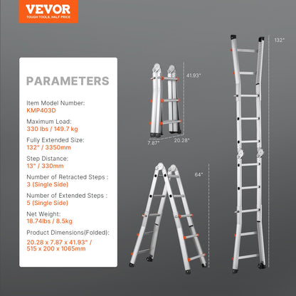 VEVOR Telescoping Ladder A Frame, 11 FT Compact Aluminum Extension Ladder, Multi-Function Portable Collapsible RV Ladder, Telescopic Ladder for Homework Stairs Indoor Outdoor Roof, 330lb Load - DGNAZXYST33MM1GBIV0 - view 8