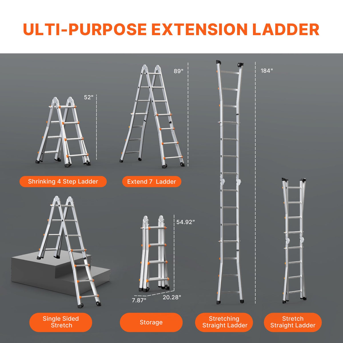 VEVOR Telescoping Ladder A Frame, 15.5 FT Compact Aluminum Extension Ladder, Multi-Function Portable Collapsible RV Ladder, Telescopic Ladder for Homework Stairs Indoor Outdoor Roof, 330lb Load - DGNAZXYST45MHKL6VV0 - view 5