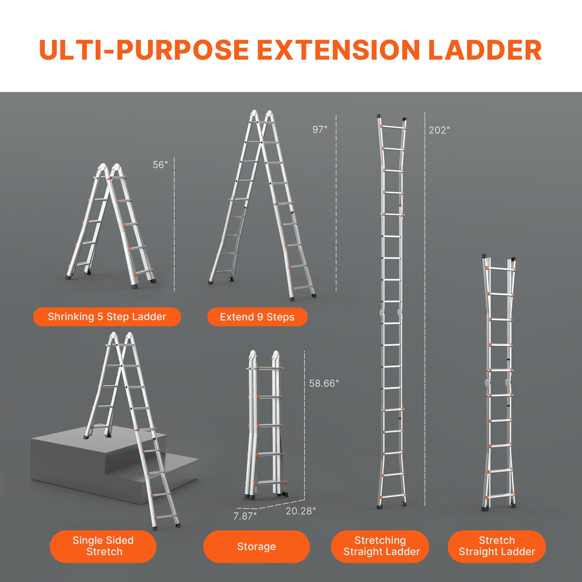 VEVOR Telescoping Ladder A Frame, 17 FT Compact Aluminum Extension Ladder, Multi-Function Portable Collapsible RV Ladder, Telescopic Ladder for Homework Stairs Indoor Outdoor Roof, 330lb Load - DGNAZXYST51MOO11FV0 - view 5