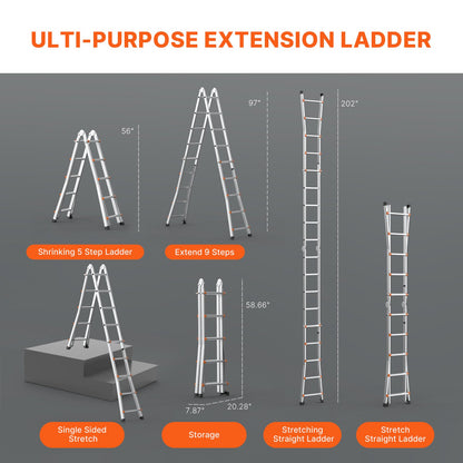 VEVOR Telescoping Ladder A Frame, 17 FT Compact Aluminum Extension Ladder, Multi-Function Portable Collapsible RV Ladder, Telescopic Ladder for Homework Stairs Indoor Outdoor Roof, 330lb Load - DGNAZXYST51MOO11FV0 - view 5