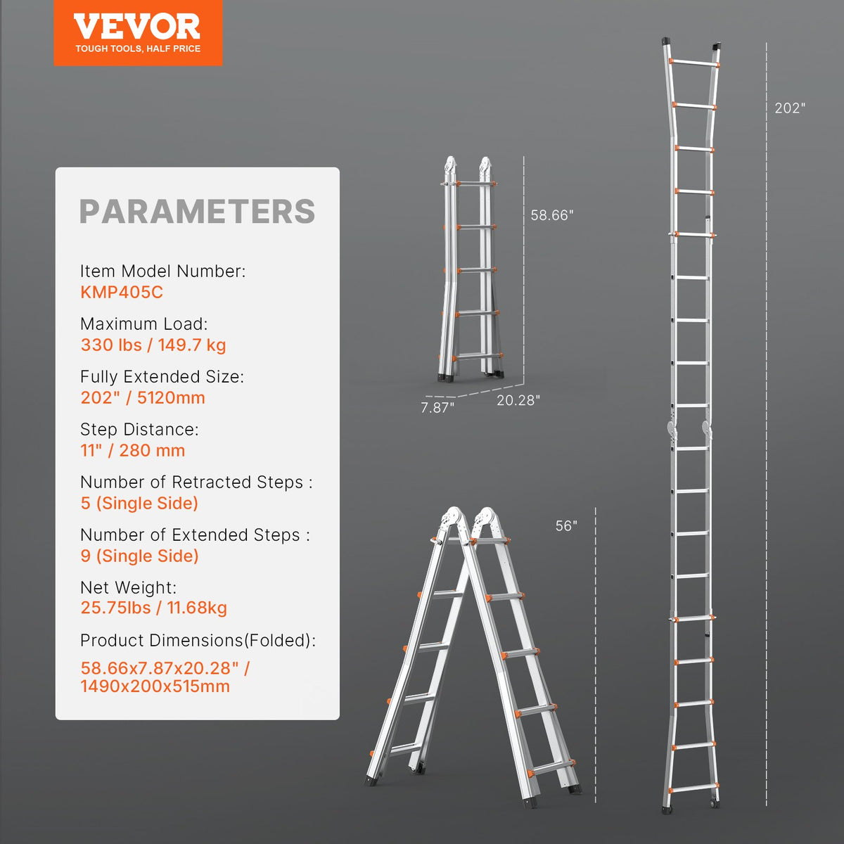 VEVOR Telescoping Ladder A Frame, 17 FT Compact Aluminum Extension Ladder, Multi-Function Portable Collapsible RV Ladder, Telescopic Ladder for Homework Stairs Indoor Outdoor Roof, 330lb Load - DGNAZXYST51MOO11FV0 - view 8