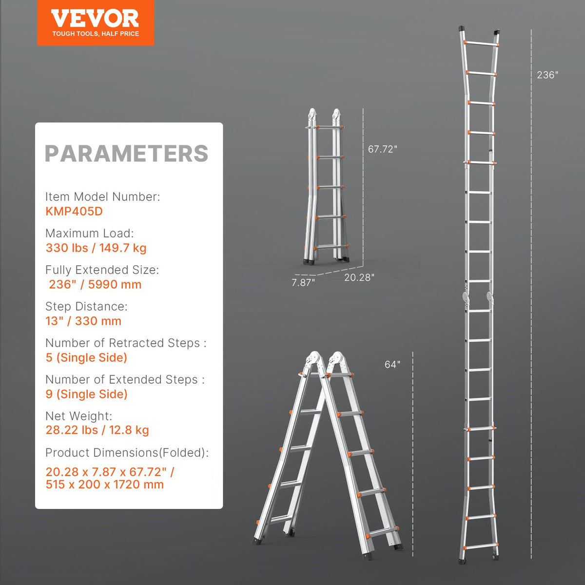 VEVOR Telescoping Ladder A Frame, 20 FT Compact Aluminum Extension Ladder, Multi-Function Portable Collapsible RV Ladder, Telescopic Ladder for Homework Stairs Indoor Outdoor Roof, 330lb Load - DGNAZXYST58MAC1AWV0 - view 8