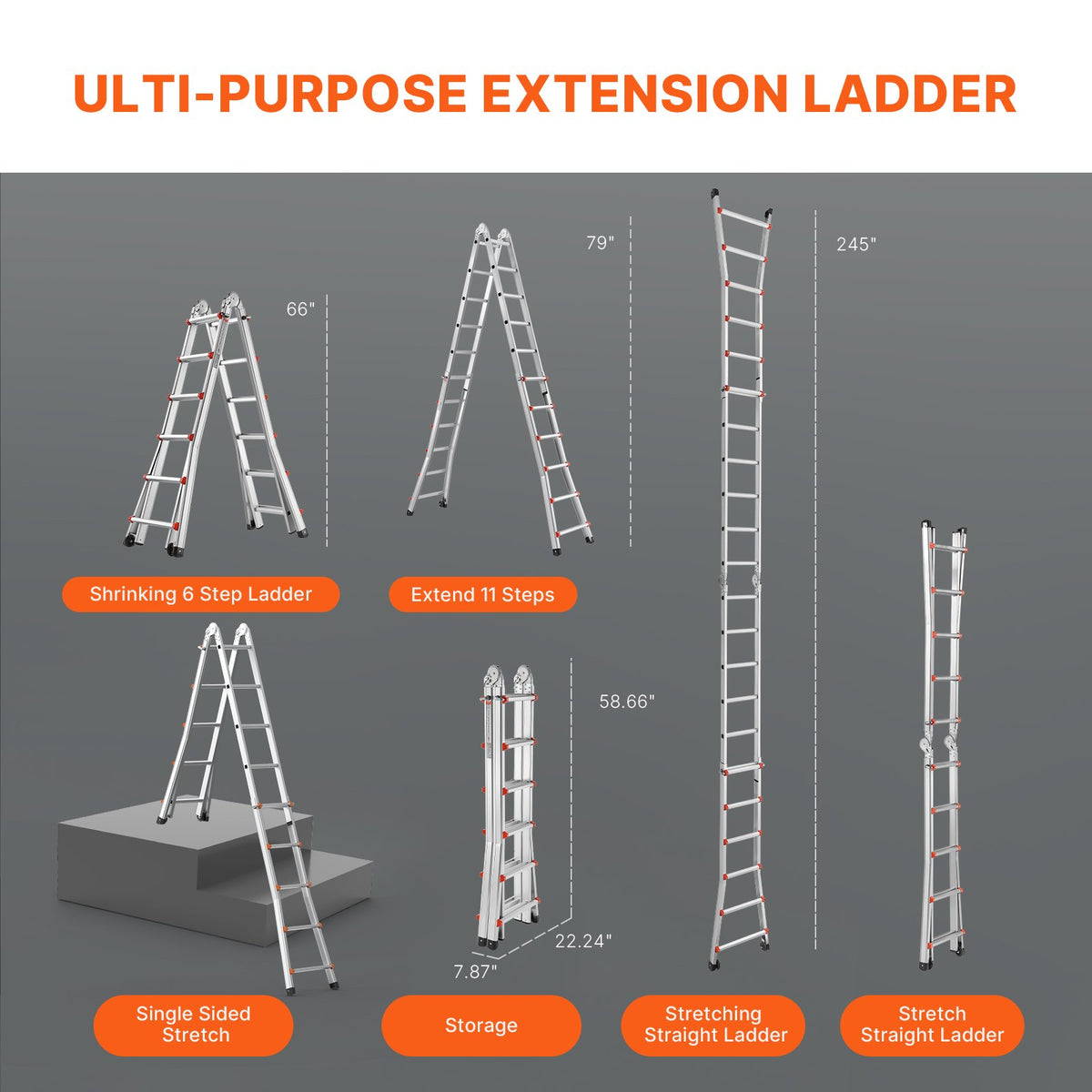 VEVOR Telescoping Ladder A Frame, 20.5 FT Compact Aluminum Extension Ladder, Multi-Function Portable Collapsible RV Ladder, Telescopic Ladder for Homework Stairs Indoor Outdoor Roof, 330lb Load - DGNAZXYST62MS3QAVV0 - view 5