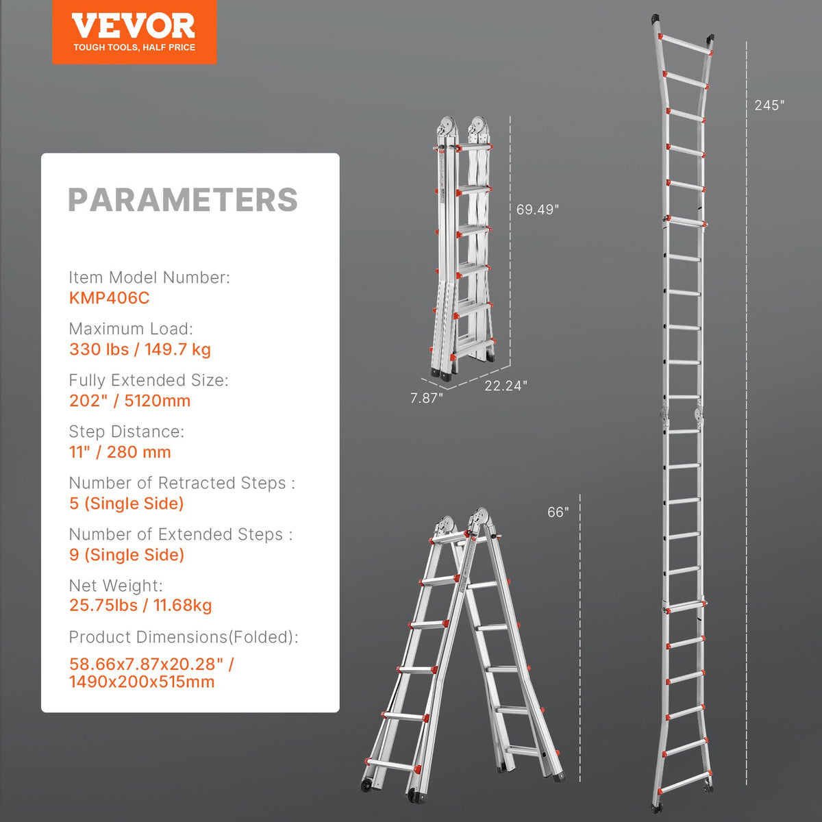 VEVOR Telescoping Ladder A Frame, 20.5 FT Compact Aluminum Extension Ladder, Multi-Function Portable Collapsible RV Ladder, Telescopic Ladder for Homework Stairs Indoor Outdoor Roof, 330lb Load - DGNAZXYST62MS3QAVV0 - view 8