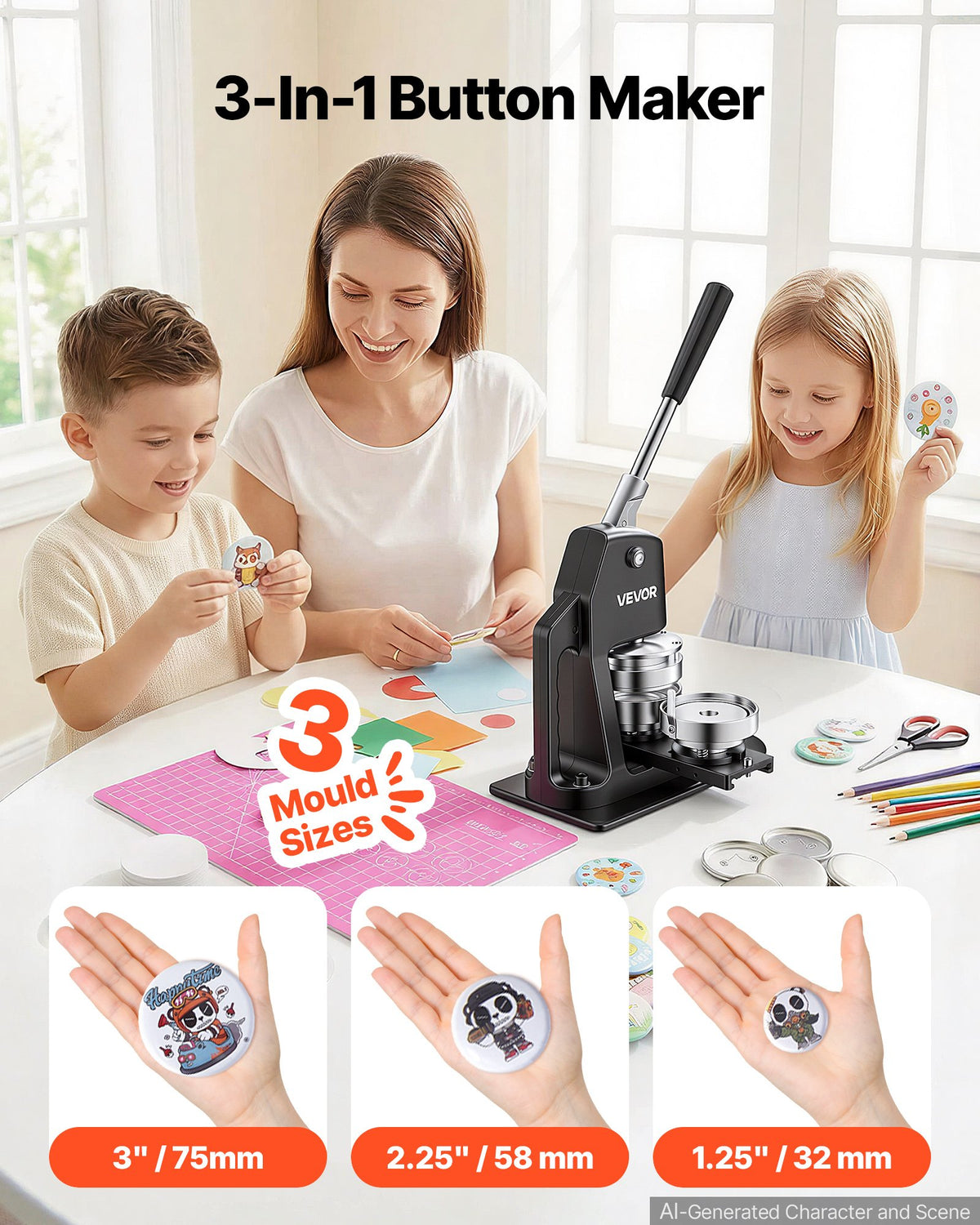 VEVOR Button Maker Machine 1.25"/2.25"/3"(32/58/75 mm) 3-in-1 Pin Maker, with 300pcs Button Parts, Circle Cutter, Magic Book, Ergonomic Handle, for DIY Badges, Pins, Fridge Magnets and Key Chains - DGNBJSKXZJ58IRHVT002V0 - view 3