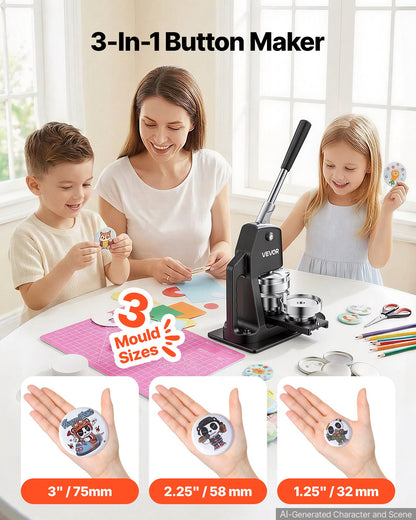 VEVOR Button Maker Machine 1.25"/2.25"/3"(32/58/75 mm) 3-in-1 Pin Maker, with 300pcs Button Parts, Circle Cutter, Magic Book, Ergonomic Handle, for DIY Badges, Pins, Fridge Magnets and Key Chains - DGNBJSKXZJ58IRHVT002V0 - view 3