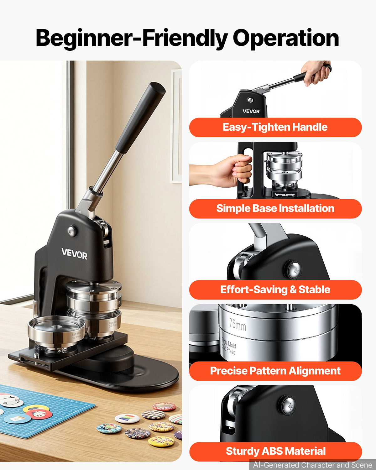 VEVOR Button Maker Machine 1.25"/2.25"/3"(32/58/75 mm) 3-in-1 Pin Maker, with 300pcs Button Parts, Circle Cutter, Magic Book, Ergonomic Handle, for DIY Badges, Pins, Fridge Magnets and Key Chains - DGNBJSKXZJ58IRHVT002V0 - view 5