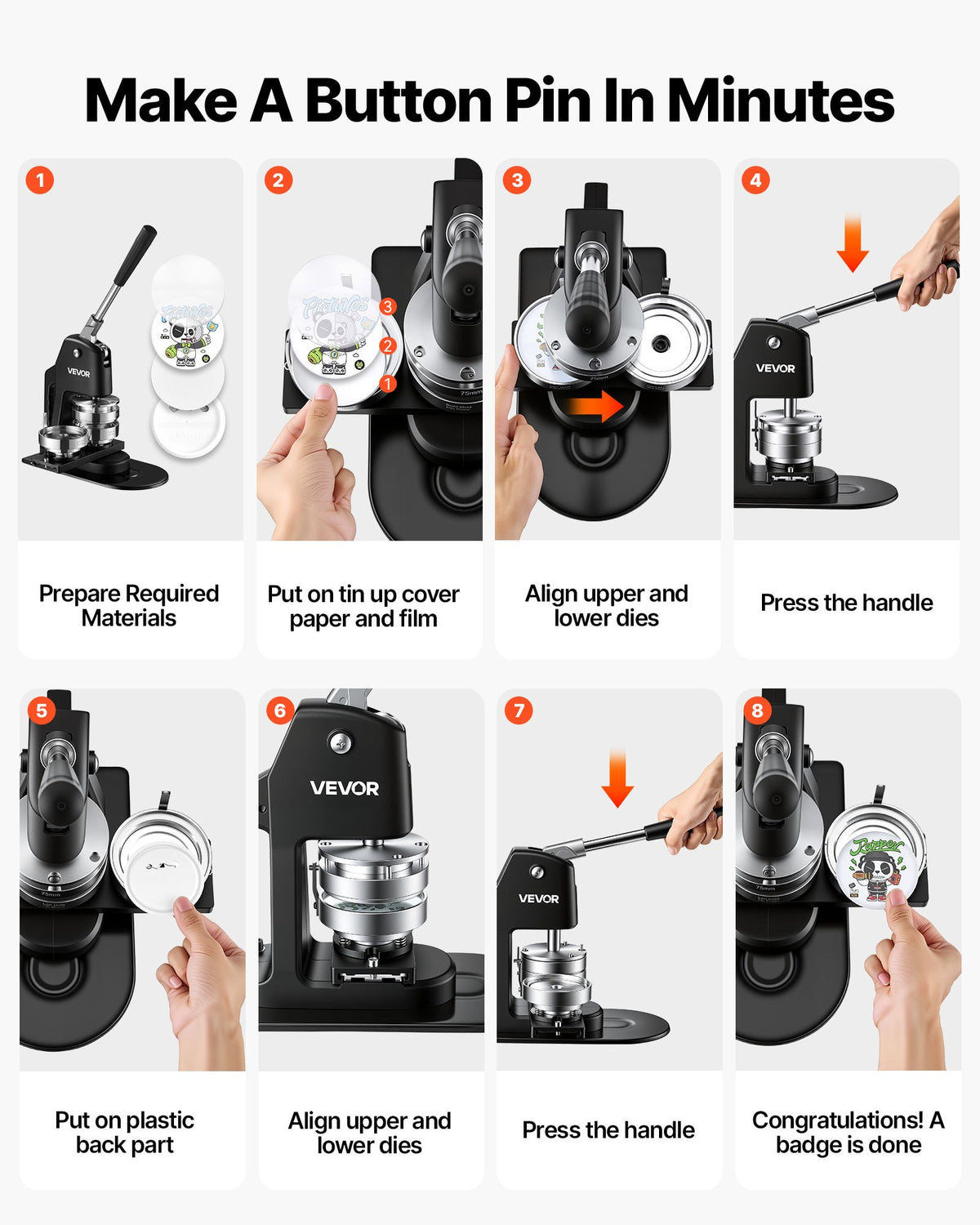 VEVOR Button Maker Machine 1.25"/2.25"/3"(32/58/75 mm) 3-in-1 Pin Maker, with 300pcs Button Parts, Circle Cutter, Magic Book, Ergonomic Handle, for DIY Badges, Pins, Fridge Magnets and Key Chains - DGNBJSKXZJ58IRHVT002V0 - view 7