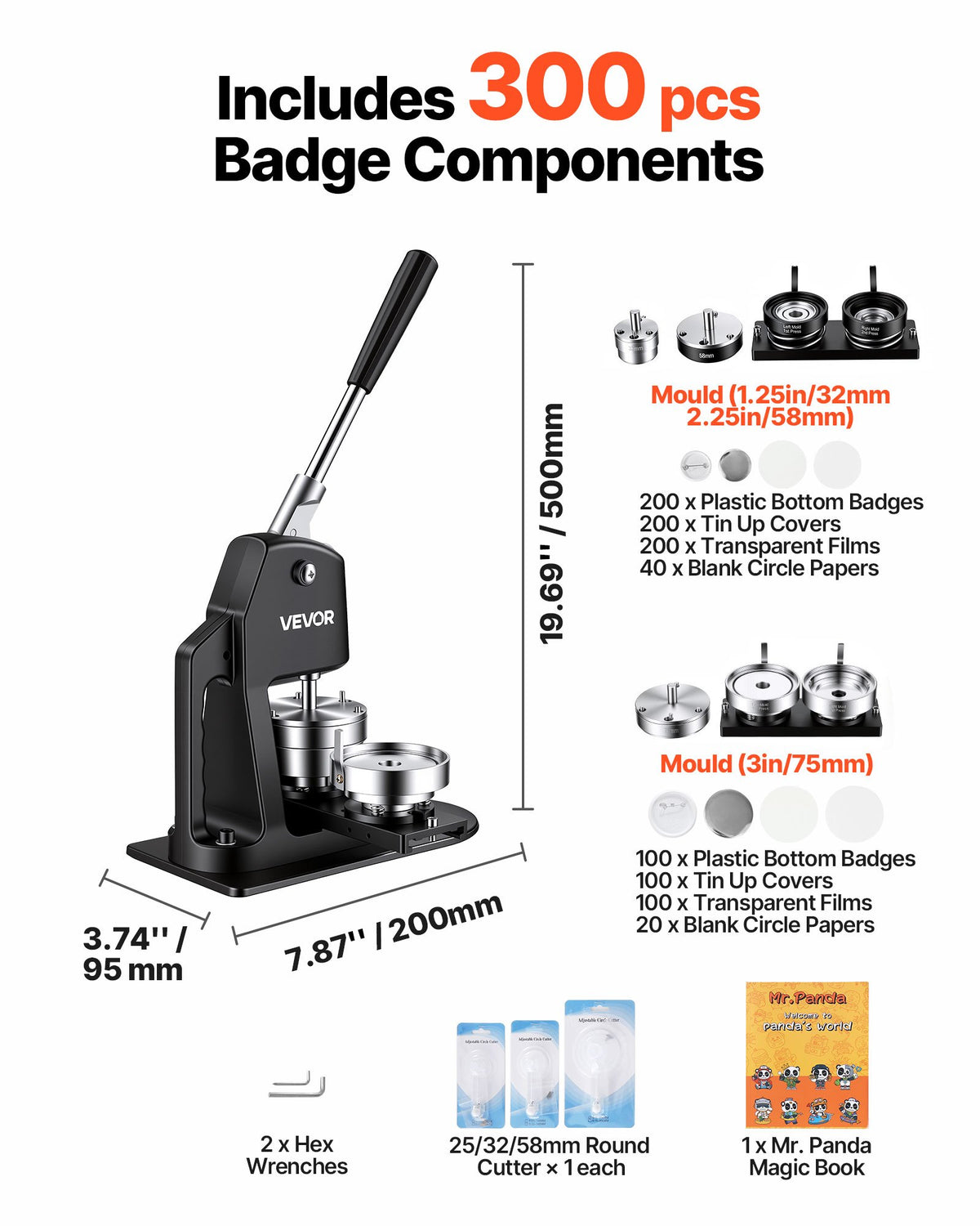 VEVOR Button Maker Machine 1.25"/2.25"/3"(32/58/75 mm) 3-in-1 Pin Maker, with 300pcs Button Parts, Circle Cutter, Magic Book, Ergonomic Handle, for DIY Badges, Pins, Fridge Magnets and Key Chains - DGNBJSKXZJ58IRHVT002V0 - view 8