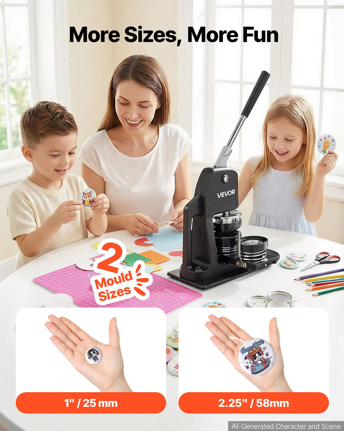 VEVOR Button Maker Machine, Multiple Sizes 1+2.25 Inch Badge Punch Press Kit, Children DIY Gifts Pin Maker, Button Making Supplies with 500pcs Button Parts & Circle Cutter & Magic - DGNBJSKXZJZHS4YN6V0 - view 2