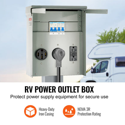 VEVOR Temporary Power Outlet Panel, 125/250V, RV Power Outlet Box with a 20/30/50 Amp Receptacle Installed, NEMA 14-50R / NEMA TT-30R / 15A GFCI for RV Camper Trailer Motorhome - DGNCRV203050AY3ZNV0 - view 2