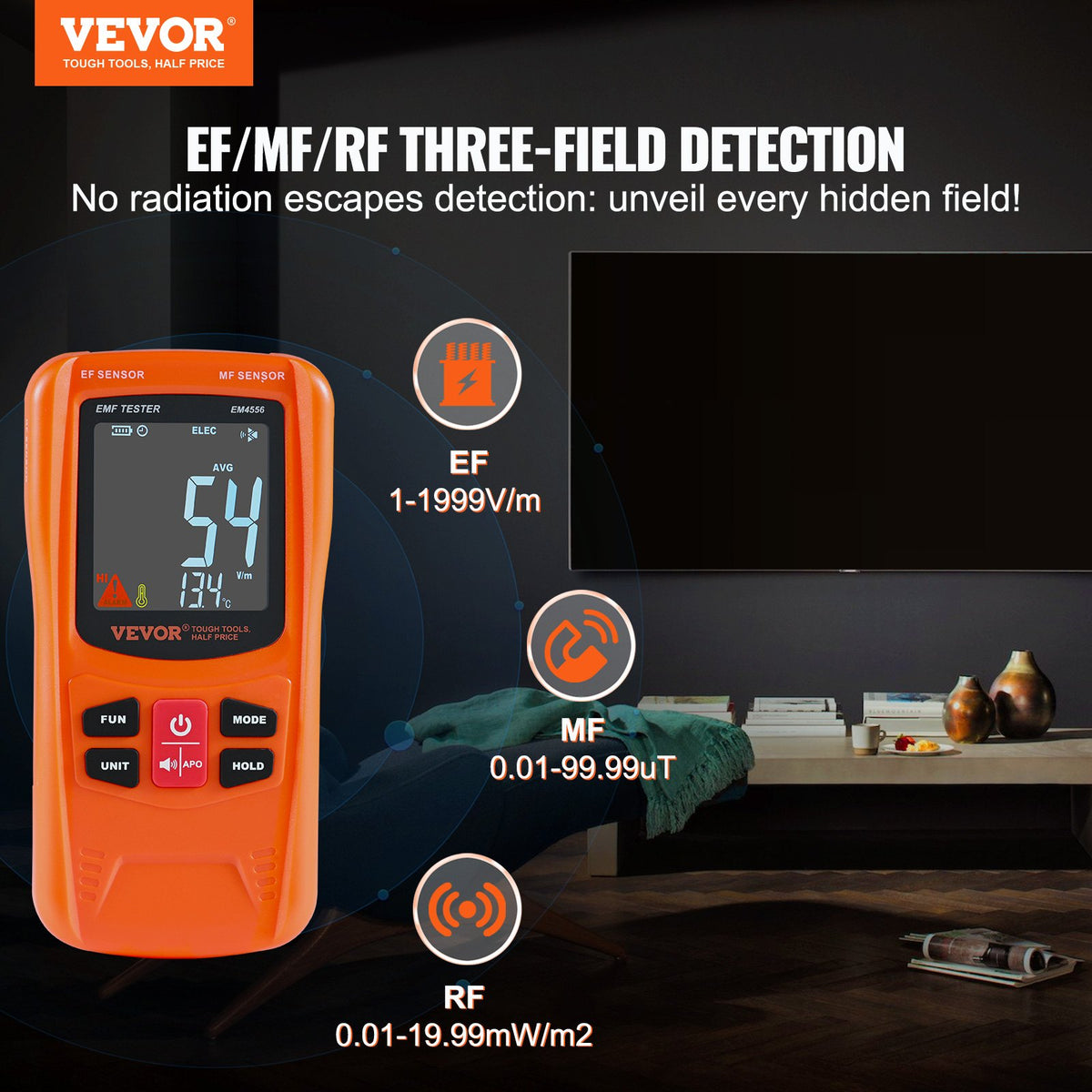 VEVOR 3-in-1 EMF Meter, 5Hz-6GHz, Handheld Rechargeable Electromagnetic Field Radiation Detector, Digital LCD EMF Tester for EF MF RF Home Inspections Outdoor Ghost Hunting 5G Cell Tower Temperature - DGNEMFJSHYYJH5E2WV9 - view 3