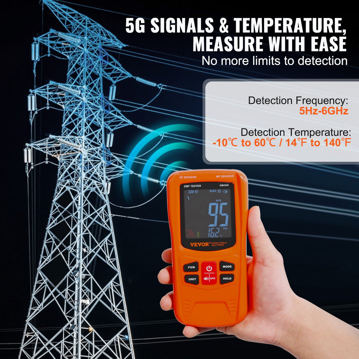 VEVOR 3-in-1 EMF Meter, 5Hz-6GHz, Handheld Rechargeable Electromagnetic Field Radiation Detector, Digital LCD EMF Tester for EF MF RF Home Inspections Outdoor Ghost Hunting 5G Cell Tower Temperature - DGNEMFJSHYYJH5E2WV9 - view 4