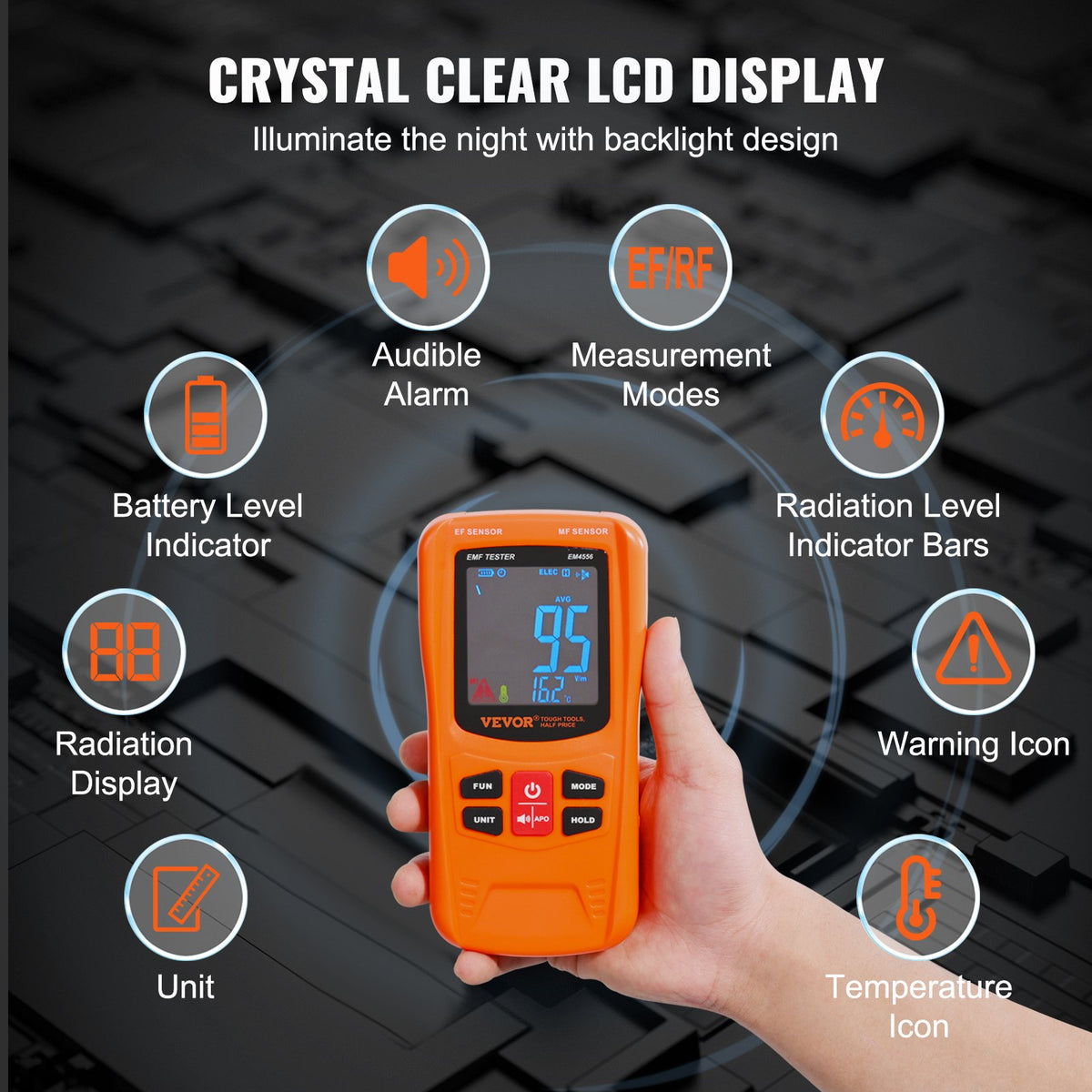 VEVOR 3-in-1 EMF Meter, 5Hz-6GHz, Handheld Rechargeable Electromagnetic Field Radiation Detector, Digital LCD EMF Tester for EF MF RF Home Inspections Outdoor Ghost Hunting 5G Cell Tower Temperature - DGNEMFJSHYYJH5E2WV9 - view 6