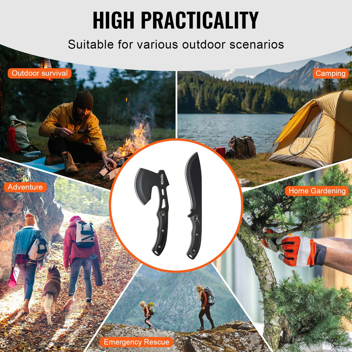 VEVOR Hunting Knife and Hatchet Axe Combo Set with Sheath, Fixed Blade Tactical Knife and Camping Axe, Stainless Steel Survival Knife and Camping Hatchet for Outdoor Survival Hunting Camping Adventure - DGNFCDTZLDF0DG8MBV0 - view 6