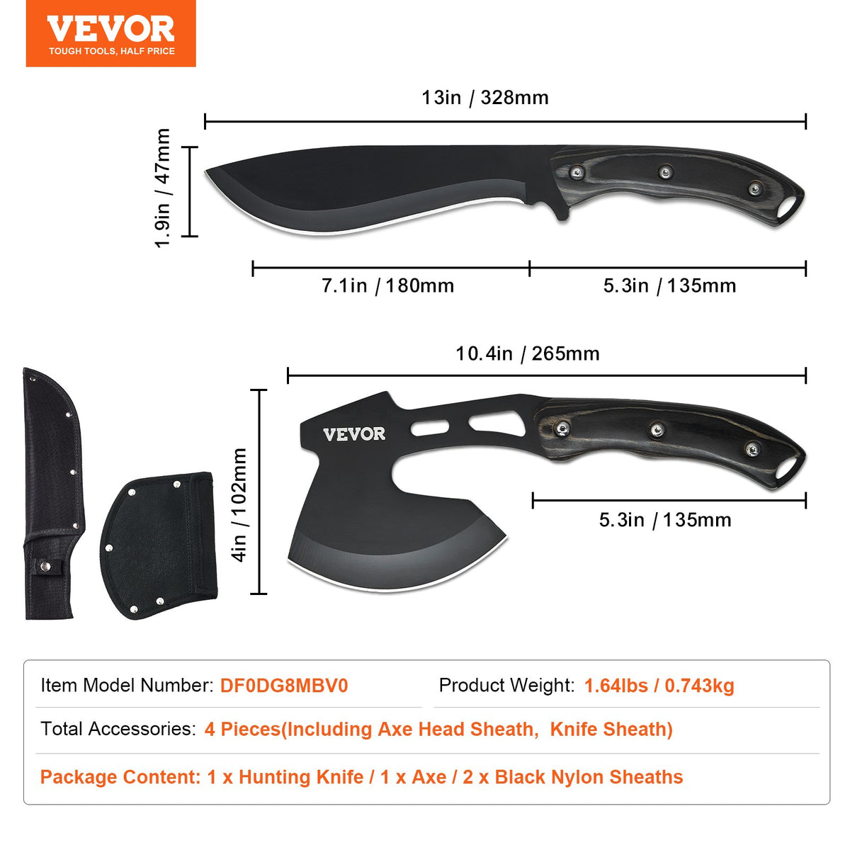 VEVOR Hunting Knife and Hatchet Axe Combo Set with Sheath, Fixed Blade Tactical Knife and Camping Axe, Stainless Steel Survival Knife and Camping Hatchet for Outdoor Survival Hunting Camping Adventure - DGNFCDTZLDF0DG8MBV0 - view 8