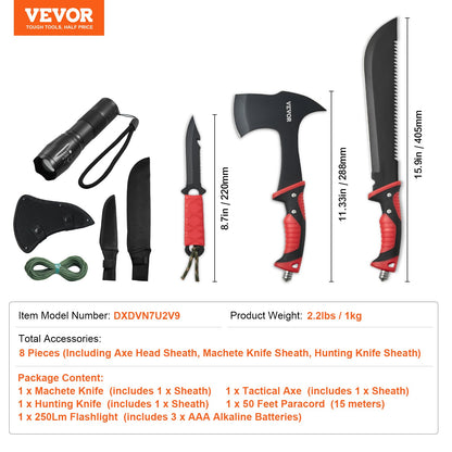VEVOR Camping Hatchet and Machete Knife Set with Sheath, Hunting Knife, Flashlight, Paracord, 16 inch Machete, Stainless Steel Camping Axe Tool Set for Outdoor Survival Hunting Camping Adventure - DGNFCDTZZDXDVN7U2V9 - view 8