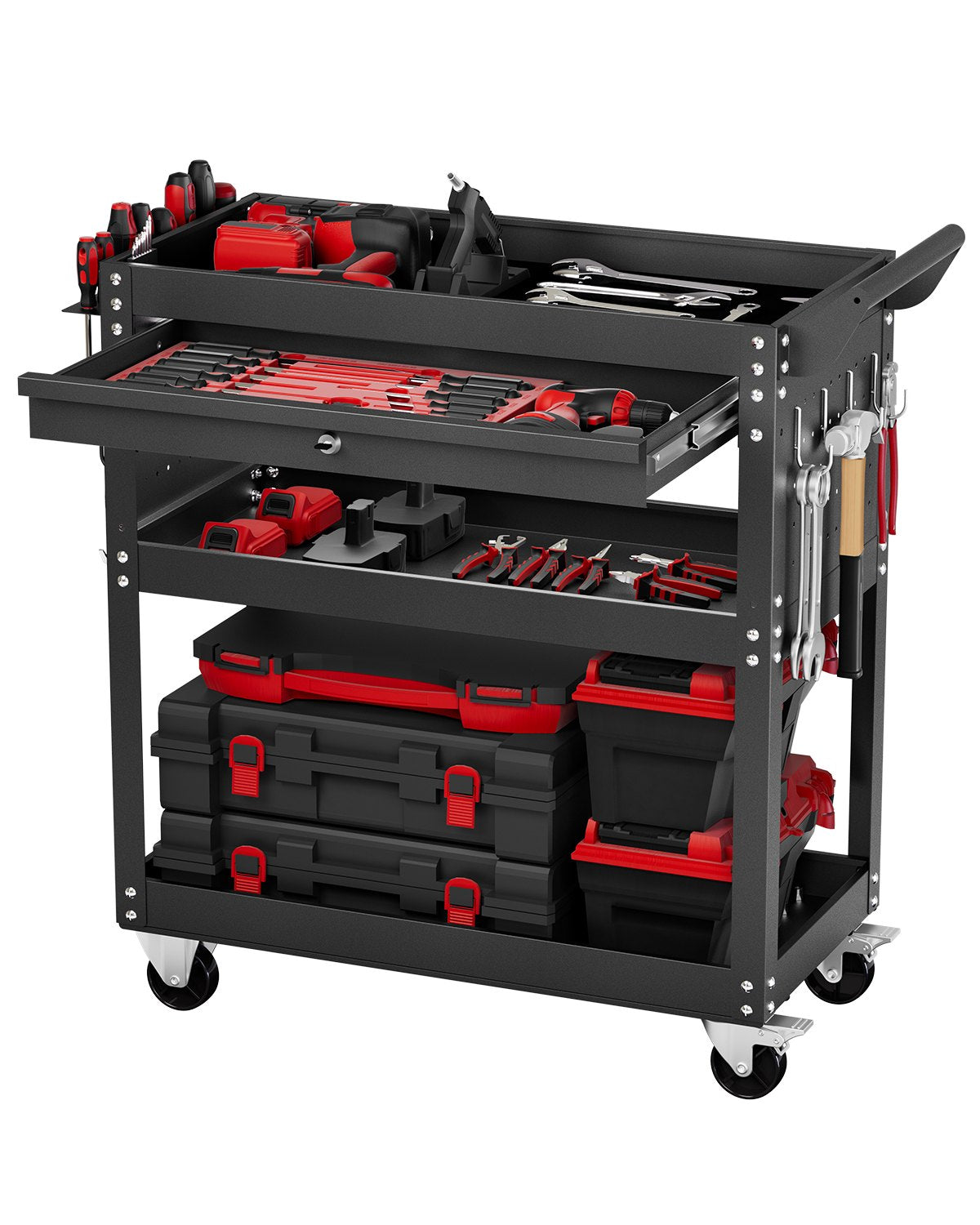 VEVOR 4-Tier Tool Cart with Wheels, 350 lbs Load Capacity, Rolling Work Cart with Drawer & Pegboard, Mechanic Tool Storage Organizer with Locking System for Garage, Warehouse and Repair Shop, Black - DGNGJCHCLYG1C8SKPV0 - view 1