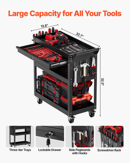VEVOR 4-Tier Tool Cart with Wheels, 350 lbs Load Capacity, Rolling Work Cart with Drawer & Pegboard, Mechanic Tool Storage Organizer with Locking System for Garage, Warehouse and Repair Shop, Black - DGNGJCHCLYG1C8SKPV0 - view 3