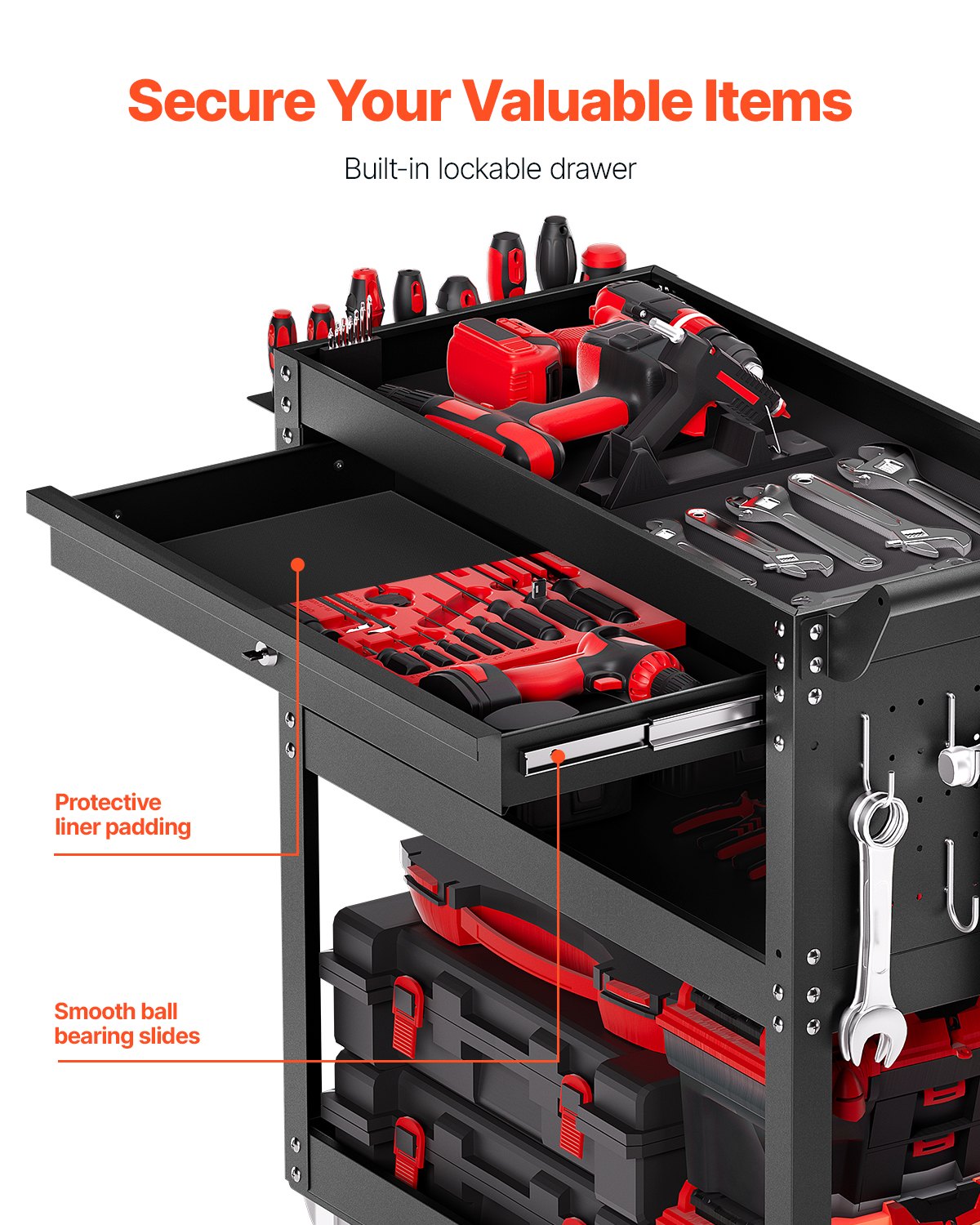 VEVOR 4-Tier Tool Cart with Wheels, 350 lbs Load Capacity, Rolling Work Cart with Drawer & Pegboard, Mechanic Tool Storage Organizer with Locking System for Garage, Warehouse and Repair Shop, Black - DGNGJCHCLYG1C8SKPV0 - view 4