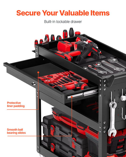 VEVOR 4-Tier Tool Cart with Wheels, 350 lbs Load Capacity, Rolling Work Cart with Drawer & Pegboard, Mechanic Tool Storage Organizer with Locking System for Garage, Warehouse and Repair Shop, Black - DGNGJCHCLYG1C8SKPV0 - view 4