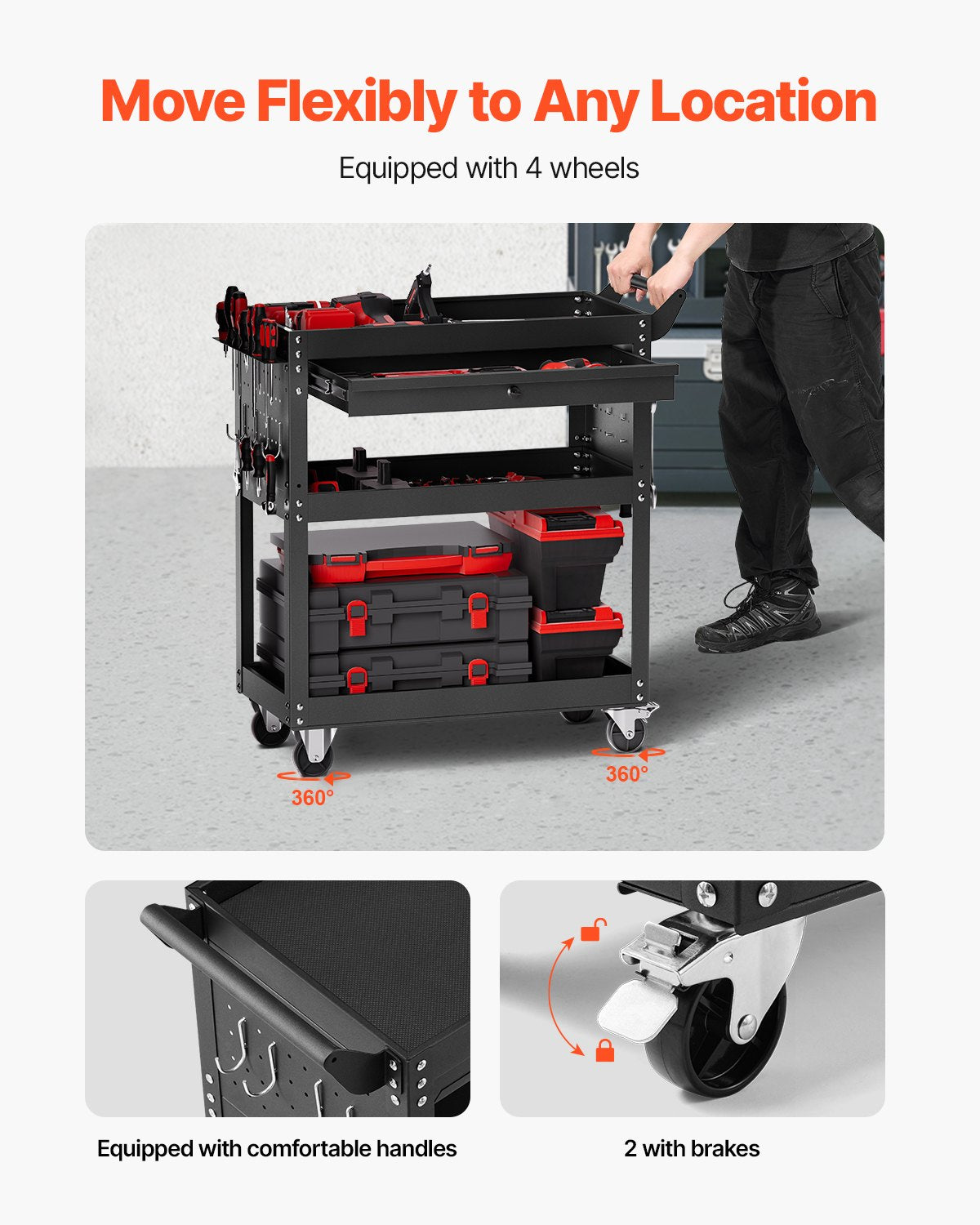 VEVOR 4-Tier Tool Cart with Wheels, 350 lbs Load Capacity, Rolling Work Cart with Drawer & Pegboard, Mechanic Tool Storage Organizer with Locking System for Garage, Warehouse and Repair Shop, Black - DGNGJCHCLYG1C8SKPV0 - view 5