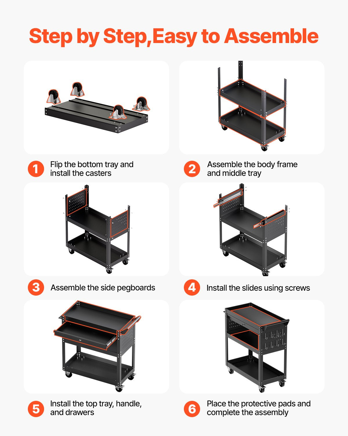 VEVOR 4-Tier Tool Cart with Wheels, 350 lbs Load Capacity, Rolling Work Cart with Drawer & Pegboard, Mechanic Tool Storage Organizer with Locking System for Garage, Warehouse and Repair Shop, Black - DGNGJCHCLYG1C8SKPV0 - view 7