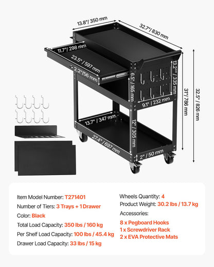 VEVOR 4-Tier Tool Cart with Wheels, 350 lbs Load Capacity, Rolling Work Cart with Drawer & Pegboard, Mechanic Tool Storage Organizer with Locking System for Garage, Warehouse and Repair Shop, Black - DGNGJCHCLYG1C8SKPV0 - view 8