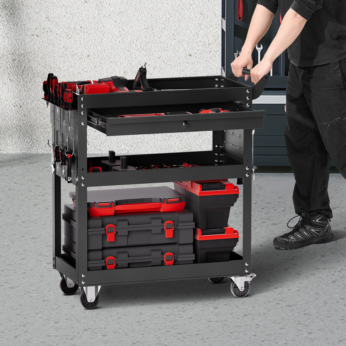 VEVOR 4-Tier Tool Cart with Wheels, 350 lbs Load Capacity, Rolling Work Cart with Drawer & Pegboard, Mechanic Tool Storage Organizer with Locking System for Garage, Warehouse and Repair Shop, Black - DGNGJCHCLYG1C8SKPV0 - view 9
