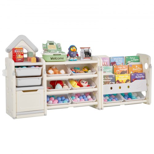 VEVOR Kids Toy Storage with Bookshelf, 4-Tier Toy Storage Organizer with 10 Movable Plastic Bins, Kids Cubby Cabinet with Bookshelf for Study Room, Bedroom, Playroom, Classroom, Nursery, Gray + Beige - DGNKFSWJSNXSH38ZQ001V0 - view 2